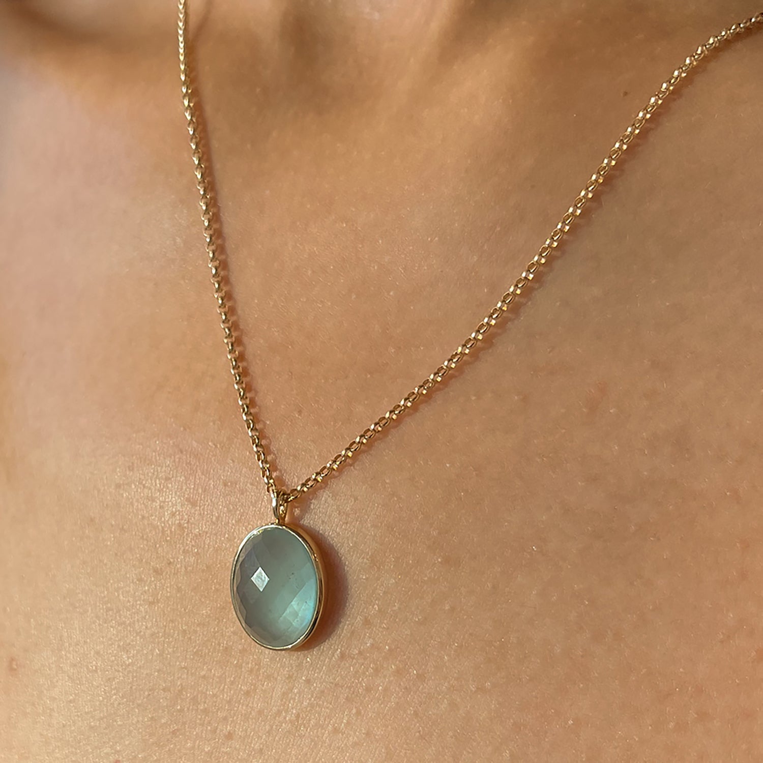Aqua Chalcedony Faceted 14K Cabochon Necklace