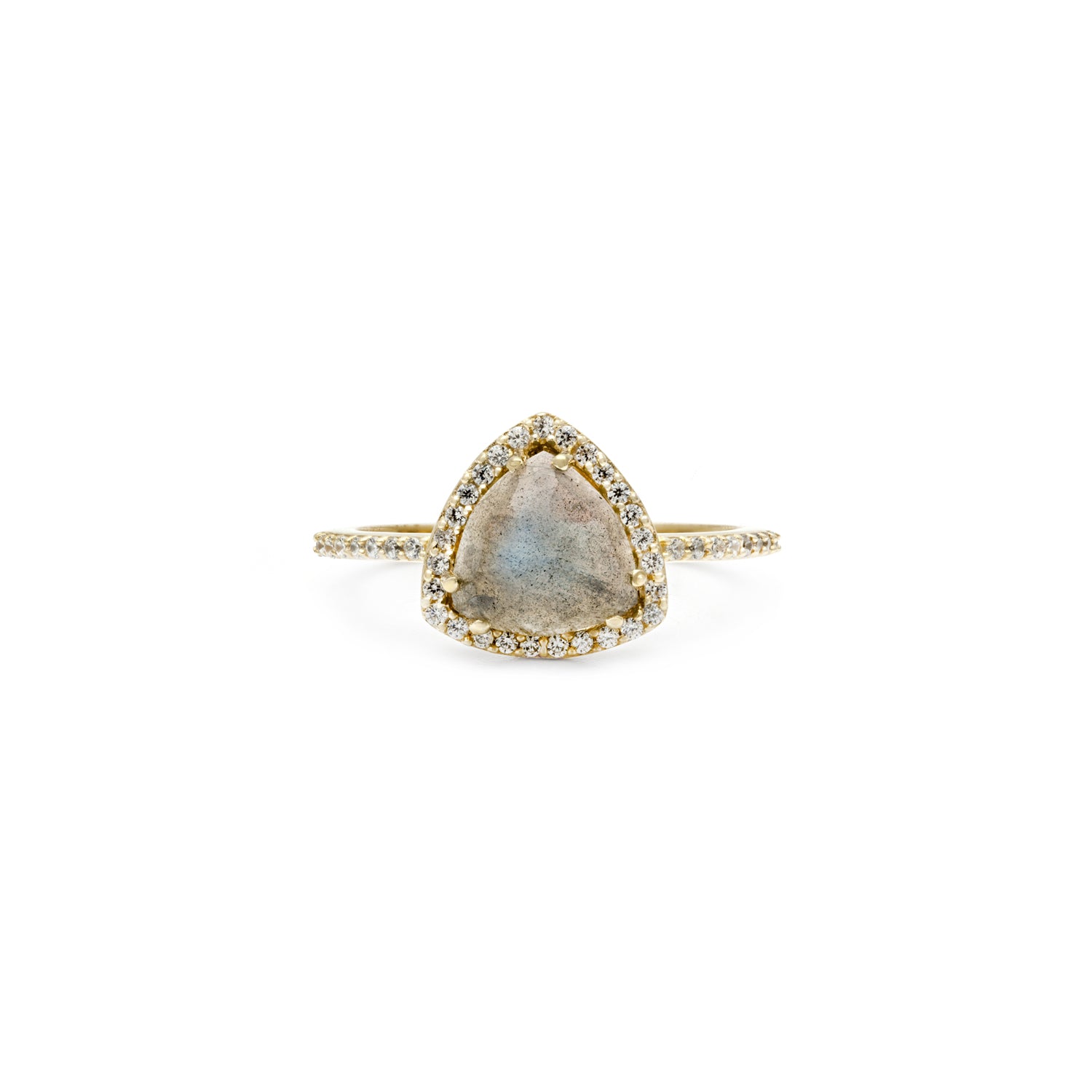 Leah Alexandra labradorite gold trillion cut gemstone trielle ring