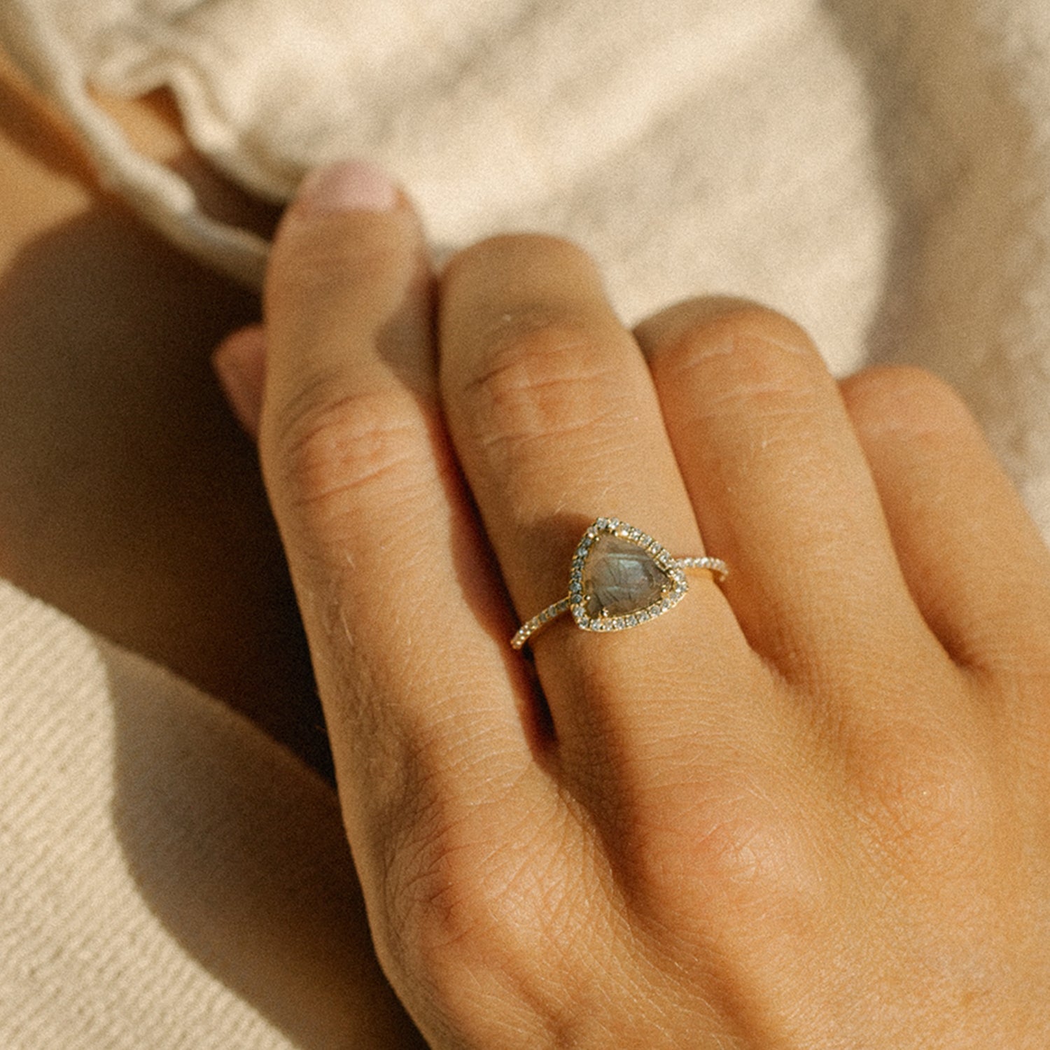 Leah Alexandra labradorite gold trillion cut gemstone trielle ring