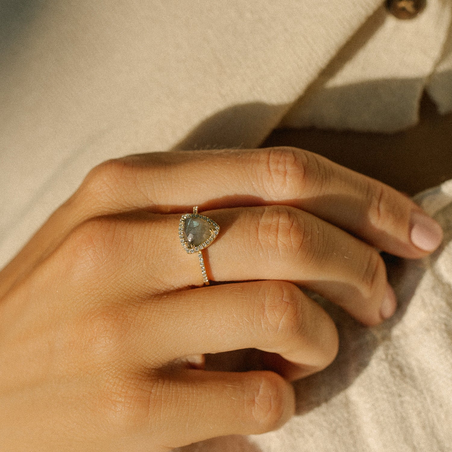 Leah Alexandra labradorite gold trillion cut gemstone trielle ring