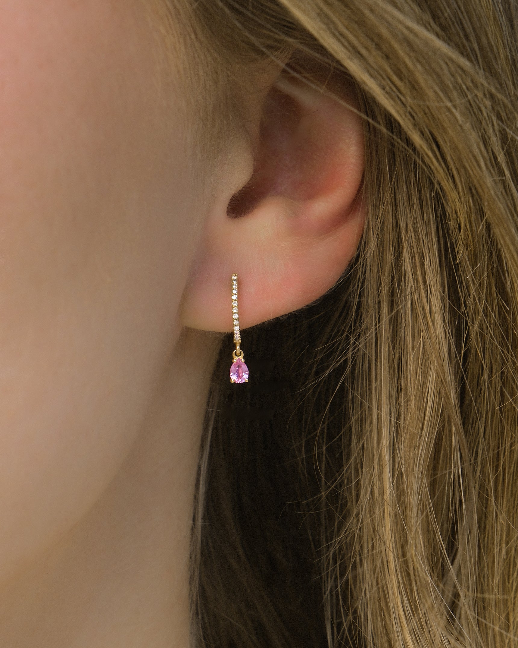 Pink Sapphire Drop 14K Diamond Huggies