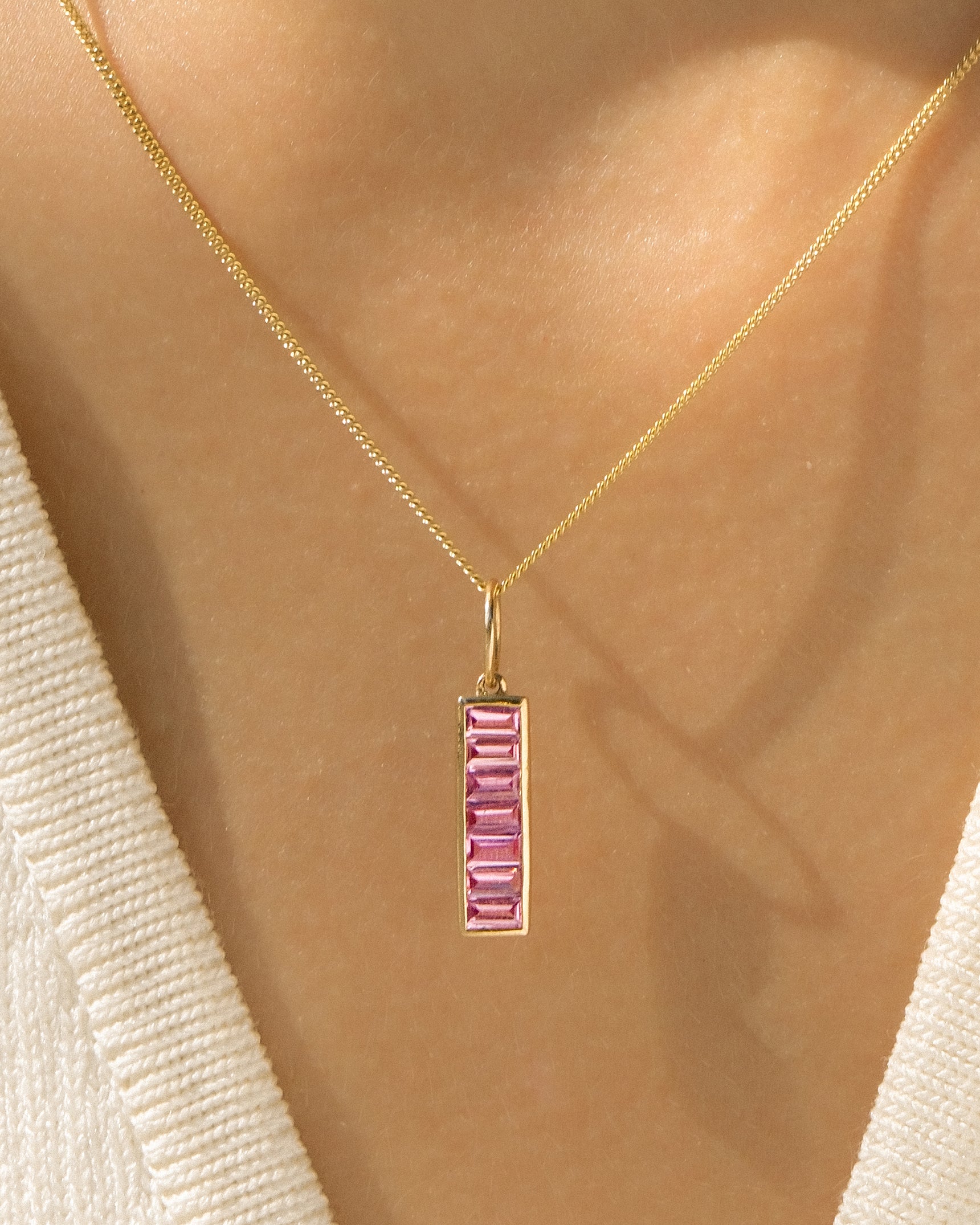 Baguette Row 14K Pink Sapphire Necklace