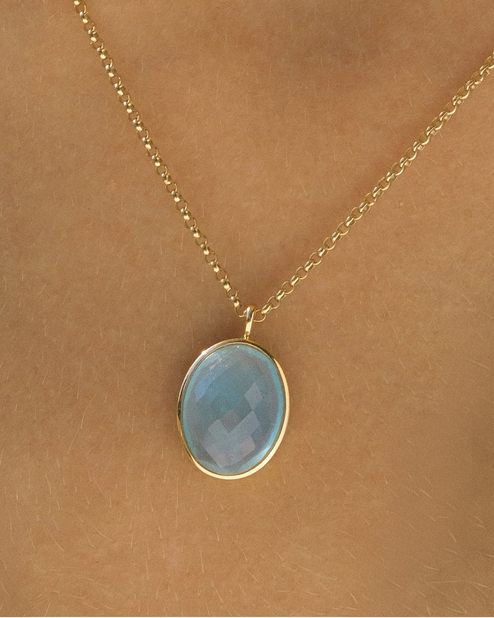 Aqua Chalcedony Faceted 14K Cabochon Necklace