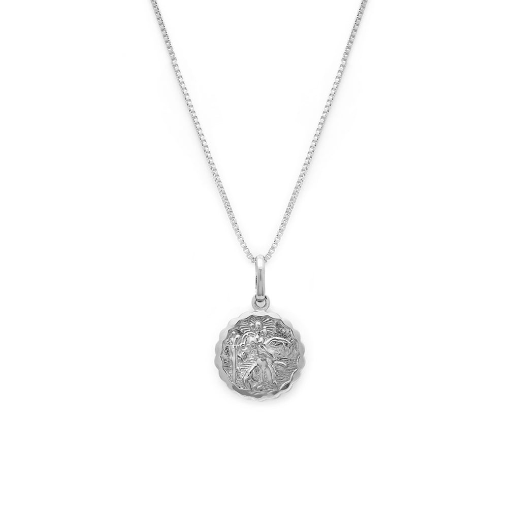 Silver 25mm round St Christopher Pendant with car boat train plane on back  with a 1.3mm wide curb Chain 20 inch - Handmade Jewellery from British  Jewellery Workshops