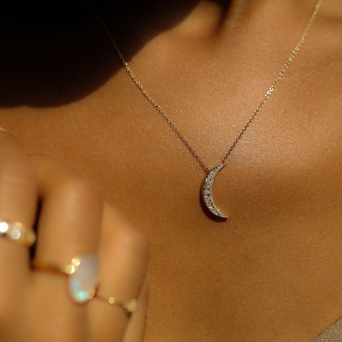 Pave Crescent Necklace | Diamond & 14K Gold